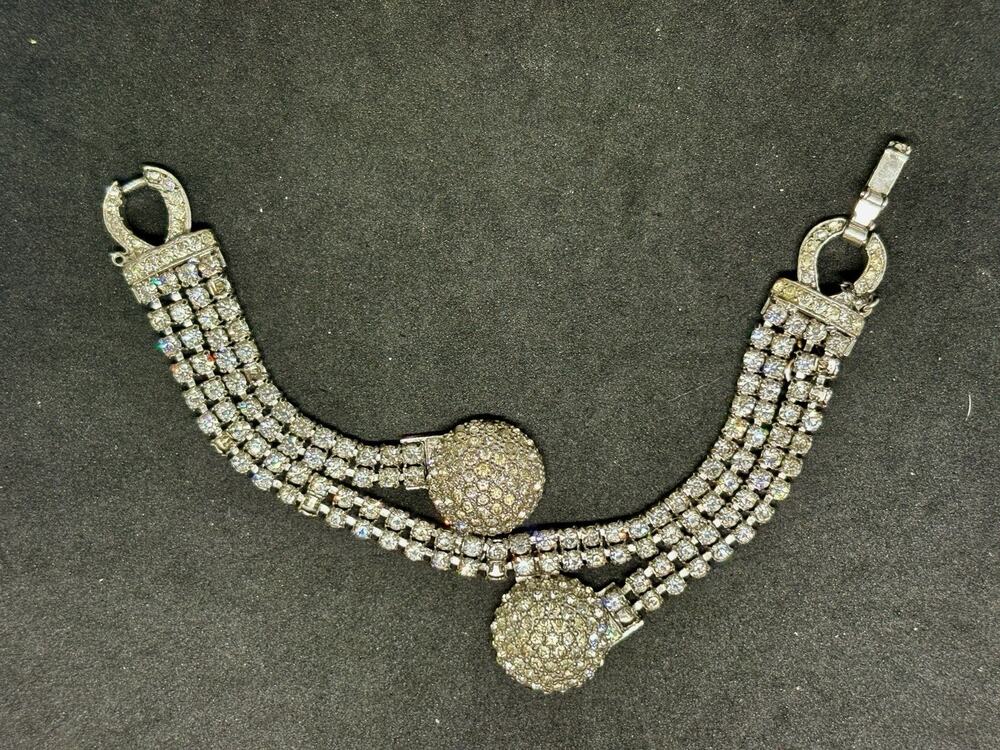 Vintage Jomaz Signed Art Deco rhodium plated Silver Tone Rhinestone Bracelet 7”